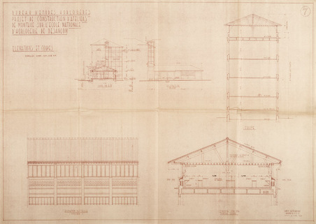 Bureau d'Etudes horlogères. Projet de construction d'ateliers de montage sur l'Ecole nationale d'Horlogerie de Besançon. Elévations et coupes [de l’aile nord. Feuille] 7, 1er février 1940. © Région Bourgogne-Franche-Comté, Inventaire du patrimoine