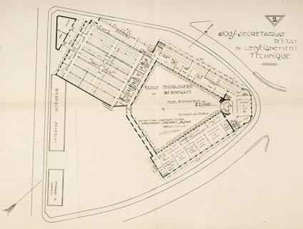 Sous-secrétariat d'Etat à l'Enseignement technique. Ecole d'Horlogerie de Besançon. 2. Plan d'ensemble du 1° étage, 8 octobre 1925. © Région Bourgogne-Franche-Comté, Inventaire du patrimoine Sous-secrétariat d'Etat à l'Enseignement technique. Ecole d'Horlogerie de Besançon. 2. Plan d'ensemble du 1° étage, 8 octobre 1925. © Région Bourgogne-Franche-Comté, Inventaire du patrimoine
