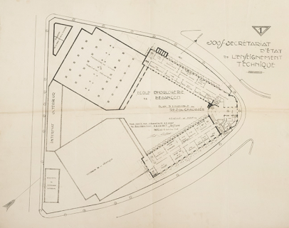 Sous-secrétariat d'Etat à l'Enseignement technique. Ecole d'Horlogerie de Besançon. 1. Plan d'ensemble du rez-de-chaussée, 8 octobre 1925. © Région Bourgogne-Franche-Comté, Inventaire du patrimoine Sous-secrétariat d'Etat à l'Enseignement technique. Ecole d'Horlogerie de Besançon. 1. Plan d'ensemble du rez-de-chaussée, 8 octobre 1925. © Région Bourgogne-Franche-Comté, Inventaire du patrimoine