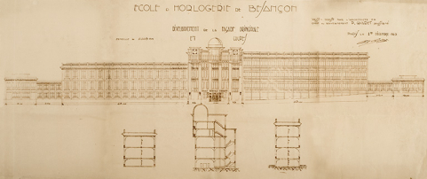 Ecole d'Horlogerie de Besançon. Développement de la façade principale et coupe, 1er décembre 1925. © Région Bourgogne-Franche-Comté, Inventaire du patrimoine Ecole d'Horlogerie de Besançon. Développement de la façade principale et coupe, 1er décembre 1925. © Région Bourgogne-Franche-Comté, Inventaire du patrimoine