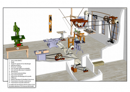 Plan de disposition des machines à l'étage de soubassement. © Région Bourgogne-Franche-Comté, Inventaire du patrimoine
