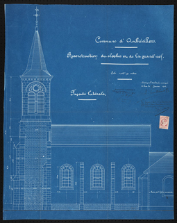 Plan présentant le projet de reconstruction du clocher et de la nef, façade latérale. © Région Bourgogne-Franche-Comté, Inventaire du patrimoine