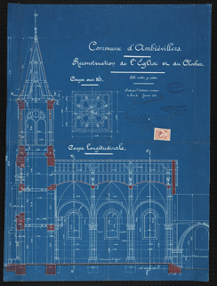 Plan présentant le projet de reconstruction du clocher et de la nef, coupe longitudinale. © Région Bourgogne-Franche-Comté, Inventaire du patrimoine