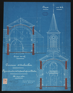 Plan présentant le projet de reconstruction du clocher et de la nef. © Région Bourgogne-Franche-Comté, Inventaire du patrimoine