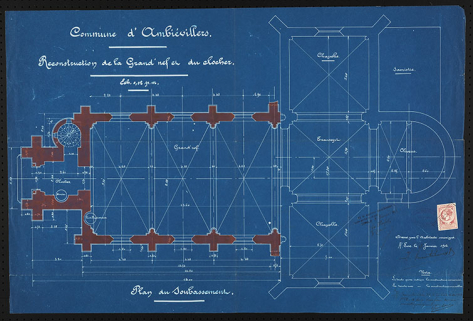 Plan présentant le projet de reconstruction du clocher et de la nef. © Région Bourgogne-Franche-Comté, Inventaire du patrimoine