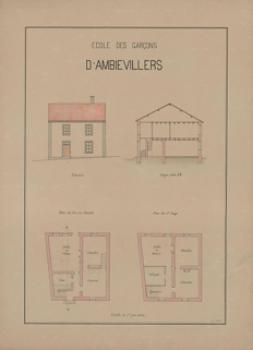 Plan de l'école des garçons : élévation, coupe, plan du rez-de-chaussée, plan du 1er étage. © Archives départementales de la Haute-Saône