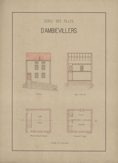 Plan de l'école des filles : élévation, coupe, rez-de-chaussée et 1er étage. © Archives départementales de la Haute-Saône