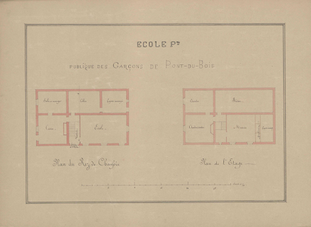 Plan de l'école des garçons : plan du rez-de-chaussée et du premier étage (1888). © Archives départementales de la Haute-Saône