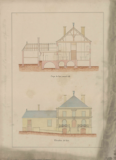 Plan présentant l'élévation et la coupe de face de la façade antérieure. © Archives départementales de la Haute-Saône