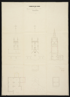 Plan de reconstruction de la partie supérieure du clocher et restauration du choeur de l'église. 1844 © Région Bourgogne-Franche-Comté, Inventaire du patrimoine