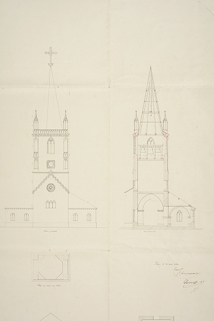 Plan de reconstruction de la partie supérieure du clocher et restauration du choeur de l'église. (détail) 1844 © Région Bourgogne-Franche-Comté, Inventaire du patrimoine