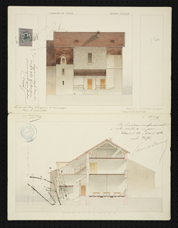 Plans des l'école de filles établis par G. Barbey en 1880 : façade antérieure et coupe transversale. © Région Bourgogne-Franche-Comté, Inventaire du patrimoine Plans des l'école de filles établis par G. Barbey en 1880 : façade antérieure et coupe transversale. © Région Bourgogne-Franche-Comté, Inventaire du patrimoine