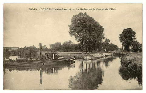 Corre. (Haute-Saône) La Saône et le canal de l'est. Carte postale n°25515. © Région Bourgogne-Franche-Comté, Inventaire du patrimoine Corre. (Haute-Saône) La Saône et le canal de l'est. Carte postale n°25515. © Région Bourgogne-Franche-Comté, Inventaire du patrimoine