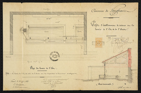 Projet d'établissement de toitures sur les lavoirs. [plans et coupes] 1887 © Région Bourgogne-Franche-Comté, Inventaire du patrimoine
