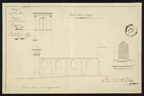 Construction d'un clocher et réparation à faire à l'église. [Elévation latérale de l'église] 1841 © Région Bourgogne-Franche-Comté, Inventaire du patrimoine