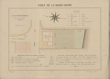 Ecole de la Basse Vaivre. Plan d'ensemble. Dessin et légende. 1888. © Archives départementales de la Haute-Saône