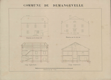 Plan de l'école : élévation et coupe. © Région Bourgogne-Franche-Comté, Inventaire du patrimoine Plan de l'école : élévation et coupe. © Région Bourgogne-Franche-Comté, Inventaire du patrimoine