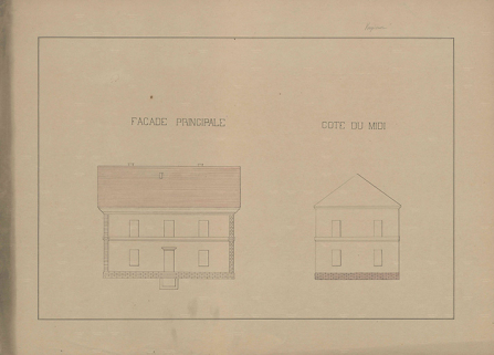 Plans des écoles (1864 -1888) : façade et pignon sud.  © Région Bourgogne-Franche-Comté, Inventaire du patrimoine