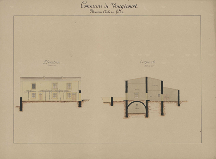 Plans des écoles (1864 -1888) : élévation et coupe de l'école de filles.  © Région Bourgogne-Franche-Comté, Inventaire du patrimoine