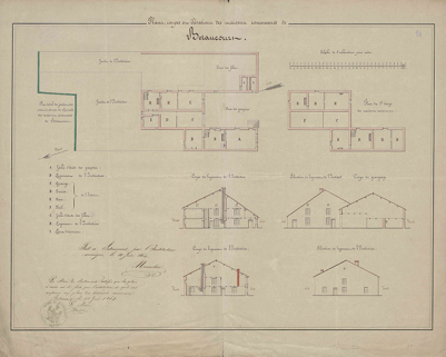 Plans, coupes et élévations des maisons communes de Betaucourt. Fait par l'instituteur le 10 juin 1864. © Archives départementales de la Haute-Saône Plans, coupes et élévations des maisons communes de Betaucourt. Fait par l'instituteur le 10 juin 1864. © Archives départementales de la Haute-Saône