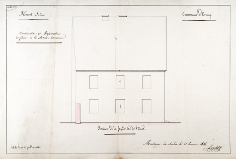 Proposition de Loiselot pour la construction de la maison commune : élévation de la façade côté ouest. © Région Bourgogne-Franche-Comté, Inventaire du patrimoine Proposition de Loiselot pour la construction de la maison commune : élévation de la façade côté ouest. © Région Bourgogne-Franche-Comté, Inventaire du patrimoine