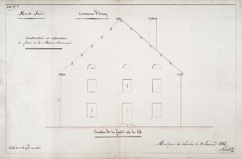 Proposition de Loiselot pour la construction de la maison commune : élévation de la façade côté sud. © Région Bourgogne-Franche-Comté, Inventaire du patrimoine Proposition de Loiselot pour la construction de la maison commune : élévation de la façade côté sud. © Région Bourgogne-Franche-Comté, Inventaire du patrimoine