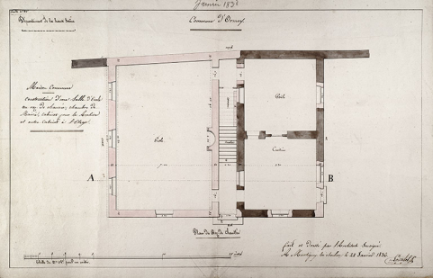 Proposition de Loiselot pour la construction de la maison commune : plan du rez-de-chaussée. © Région Bourgogne-Franche-Comté, Inventaire du patrimoine Proposition de Loiselot pour la construction de la maison commune : plan du rez-de-chaussée. © Région Bourgogne-Franche-Comté, Inventaire du patrimoine