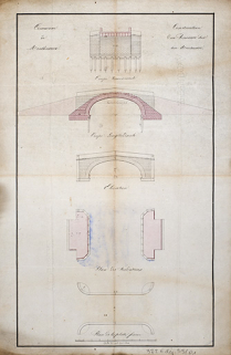 Reconstruction du pont au dessus du ruisseau la Sacquelle : coupe transversale et coupe longitudinale (1841). © Région Bourgogne-Franche-Comté, Inventaire du patrimoine Reconstruction du pont au dessus du ruisseau la Sacquelle : coupe transversale et coupe longitudinale (1841). © Région Bourgogne-Franche-Comté, Inventaire du patrimoine