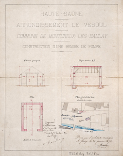 Projet de construction d'une rémise à pompe (1870). © Région Bourgogne-Franche-Comté, Inventaire du patrimoine Projet de construction d'une rémise à pompe (1870). © Région Bourgogne-Franche-Comté, Inventaire du patrimoine