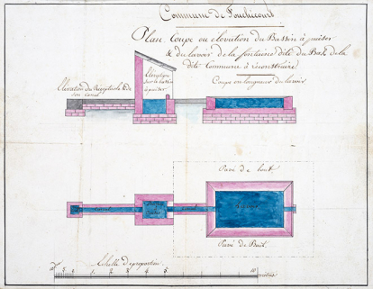 Plan et coupe de la fontaine du bas du village à reconstruire (1861). © Région Bourgogne-Franche-Comté, Inventaire du patrimoine