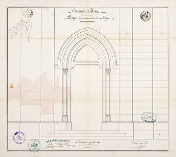 Projet de construction de l'église, élévation du portail (1862) © Région Bourgogne-Franche-Comté, Inventaire du patrimoine Projet de construction de l'église, élévation du portail (1862) © Région Bourgogne-Franche-Comté, Inventaire du patrimoine