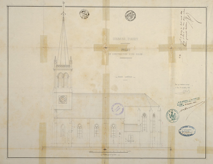 Projet de construction de l'église, façade latérale (1862). © Région Bourgogne-Franche-Comté, Inventaire du patrimoine Projet de construction de l'église, façade latérale (1862). © Région Bourgogne-Franche-Comté, Inventaire du patrimoine