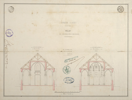 Projet de construction de l'église, coupe en largeur (1862). © Région Bourgogne-Franche-Comté, Inventaire du patrimoine Projet de construction de l'église, coupe en largeur (1862). © Région Bourgogne-Franche-Comté, Inventaire du patrimoine