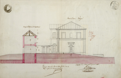 Face à l'est. Pignon [et] Coupe du bâtiment de dépendance, 1840. © Région Bourgogne-Franche-Comté, Inventaire du patrimoine