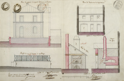 Face du pignon du grand bâtiment à l'ouest [et dépendances : coupe et élévation], 1840. © Région Bourgogne-Franche-Comté, Inventaire du patrimoine