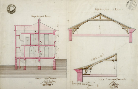 Coupe du grand bâtiment [et profil d'une ferme et d'un arêtier], 1840. © Région Bourgogne-Franche-Comté, Inventaire du patrimoine