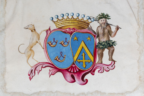Blason des Simonet et des Tricornot sur le livre d'arpentement des fonds de la seigneurie. (1778) Détail. © Région Bourgogne-Franche-Comté, Inventaire du patrimoine