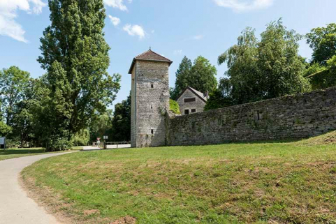Vue de la tour le long du mur d'enceinte de la basse-cour, depuis la véloroute © Région Bourgogne-Franche-Comté, Inventaire du patrimoine Vue de la tour le long du mur d'enceinte de la basse-cour, depuis la véloroute © Région Bourgogne-Franche-Comté, Inventaire du patrimoine