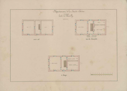 Plans en coupe du sous-sol, rez-de-chaussée et premier étage de l'école de Chemilly © Région Bourgogne-Franche-Comté, Inventaire du patrimoine Plans en coupe du sous-sol, rez-de-chaussée et premier étage de l'école de Chemilly © Région Bourgogne-Franche-Comté, Inventaire du patrimoine