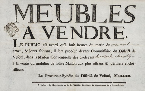 Annonce de vente publique du mobilier du couvent des Tiercelins de Chemilly, 1791 © Région Bourgogne-Franche-Comté, Inventaire du patrimoine Annonce de vente publique du mobilier du couvent des Tiercelins de Chemilly, 1791 © Région Bourgogne-Franche-Comté, Inventaire du patrimoine