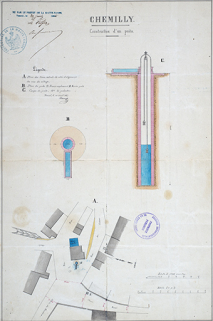 Plan de situation et plan en coupe du puits à reconstruire, 1865 © Région Bourgogne-Franche-Comté, Inventaire du patrimoine Plan de situation et plan en coupe du puits à reconstruire, 1865 © Région Bourgogne-Franche-Comté, Inventaire du patrimoine