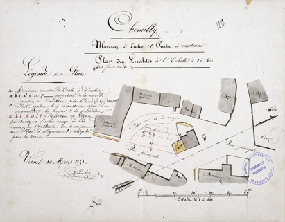 Plan de situation de la maison d'école et du puits à reconstruire, 1851 © Région Bourgogne-Franche-Comté, Inventaire du patrimoine Plan de situation de la maison d'école et du puits à reconstruire, 1851 © Région Bourgogne-Franche-Comté, Inventaire du patrimoine