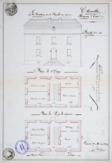 Plans de la façade sur rue de l'école à construire, 1851 © Région Bourgogne-Franche-Comté, Inventaire du patrimoine Plans de la façade sur rue de l'école à construire, 1851 © Région Bourgogne-Franche-Comté, Inventaire du patrimoine