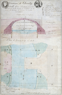 Plans du ponceau à construire, pour le défrichement de la prairie, sur le canal de décharge du déversoir du moulin, 1832 © Région Bourgogne-Franche-Comté, Inventaire du patrimoine Plans du ponceau à construire, pour le défrichement de la prairie, sur le canal de décharge du déversoir du moulin, 1832 © Région Bourgogne-Franche-Comté, Inventaire du patrimoine