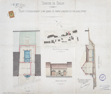 Plans de situation, coupes et élévations du projet de remise de matériel d'incendie et de lavoir, 1885 © Région Bourgogne-Franche-Comté, Inventaire du patrimoine