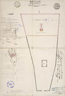 Plan du projet d'agrandissement du cimetière, noms des propriétaires auxquels les terrains sont achetés, 1865 © Région Bourgogne-Franche-Comté, Inventaire du patrimoine