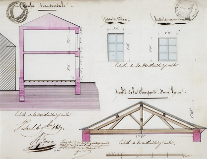 Plan en coupe de la maison commune et détails des fenêtres et de la charpente, 1839 © Région Bourgogne-Franche-Comté, Inventaire du patrimoine