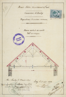 Réparations à la maison commune, plan en coupe de la ferme centrale du comble, 1894 © Région Bourgogne-Franche-Comté, Inventaire du patrimoine