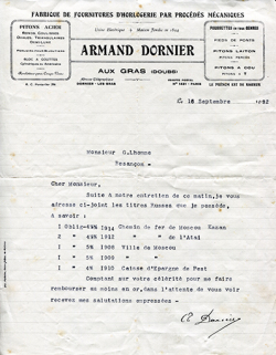 Papier à en-tête de la société Armand Dornier, 16 septembre 1932. © Région Bourgogne-Franche-Comté, Inventaire du patrimoine