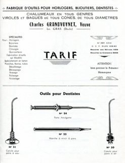 Fabrique d'outils pour horlogers, bijoutiers, dentistes Charles Grandvoynet, Veuve, les Gras (Doubs). Tarif, entre 1944 et 1951, p. 1. © Région Bourgogne-Franche-Comté, Inventaire du patrimoine